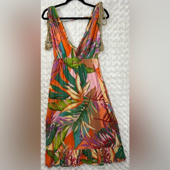 True Destination Women's XS V neck Tropical Leaf Print Midi Sundress - Picture 1 of 10